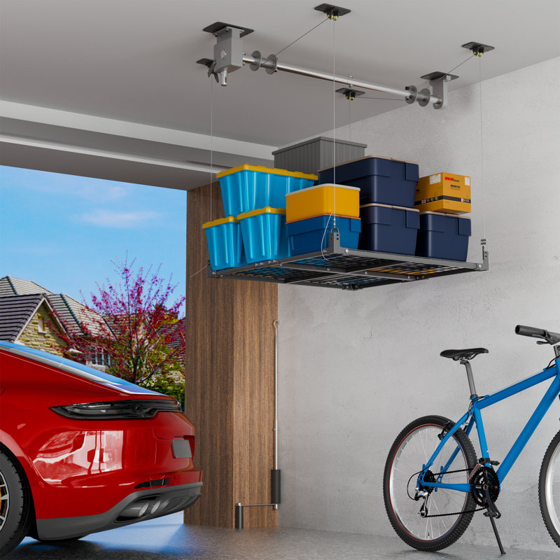 4x4 FT Overhead Garage Storage Rack Lift, 400 lbs Heavy-Duty Ceiling Garage Storage Racks, Adjustable Organization System
