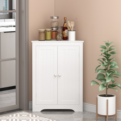 2 Doors White Corner Cabinet With Adjustable Shelf - Freestanding For Bathroom, Kitchen, Living Room Practical Storage Idea And Narrow Floor