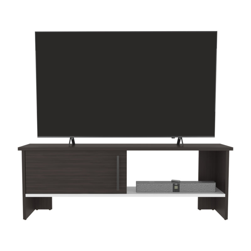 Meuble télé, 1 porte, 1 tablette, Brun foncé / blanc