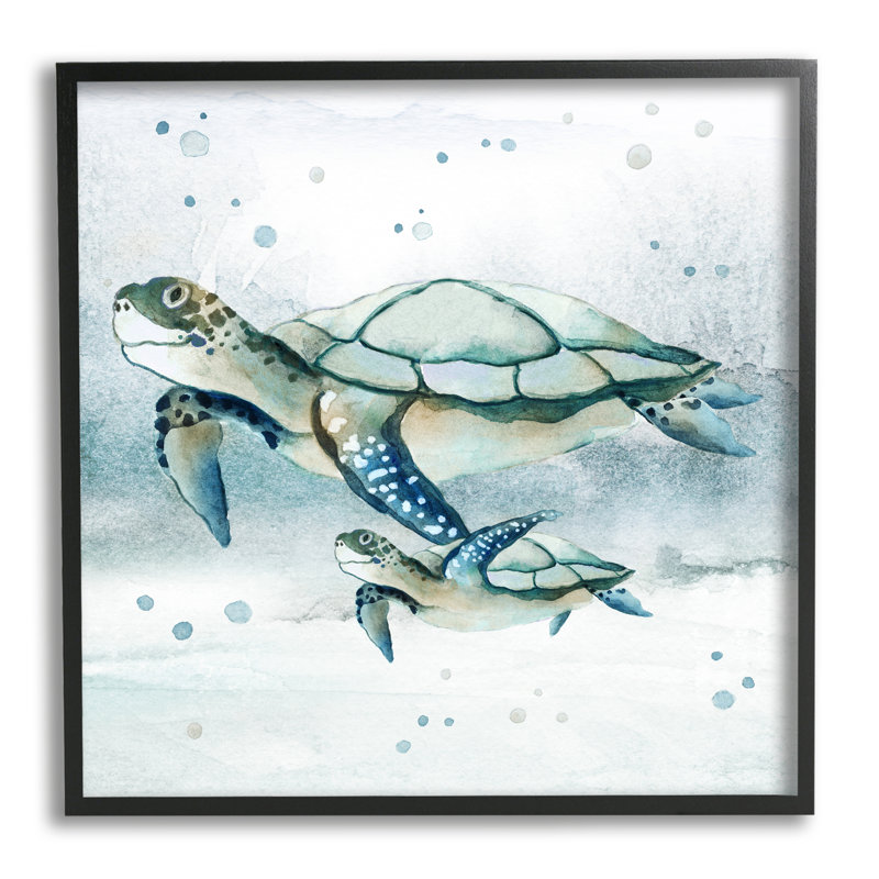 «Baby Sea Turtle Bubbles» encadré sur bois par Janet Tava, H 24 po x l 24 po x P 1,5 po, Giclée encadrée noir minuit