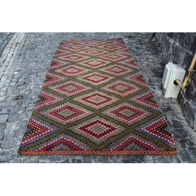Handwoven Vintage Turkish Rug with Vibrant Geometric Diamond Pattern for Bohemian Home Decor Red/Green