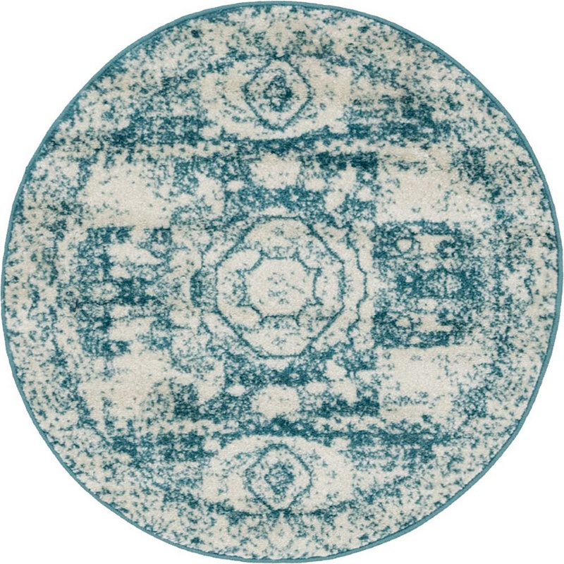 Turquoise oriental/Ivoire Tapis décoratif de Vienne, Rond 3 pi