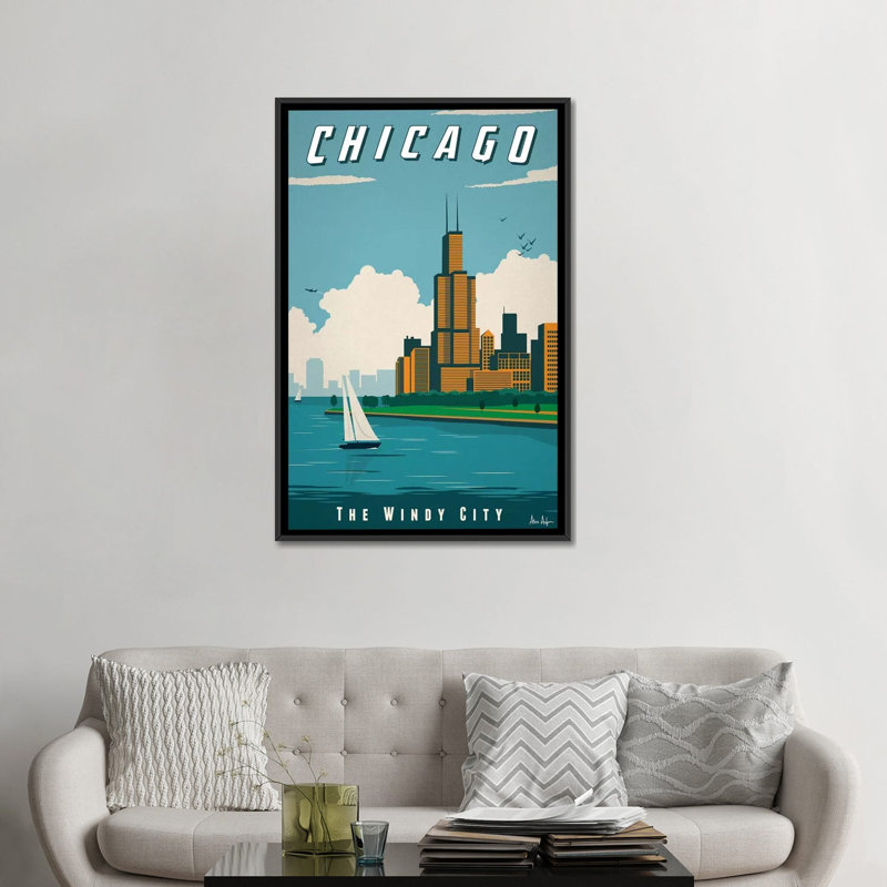 Chicago-impression d’art graphique, Pas de tapis, H 48 po x l 32 po x P 1,5 po, Toile avec cadre noir
