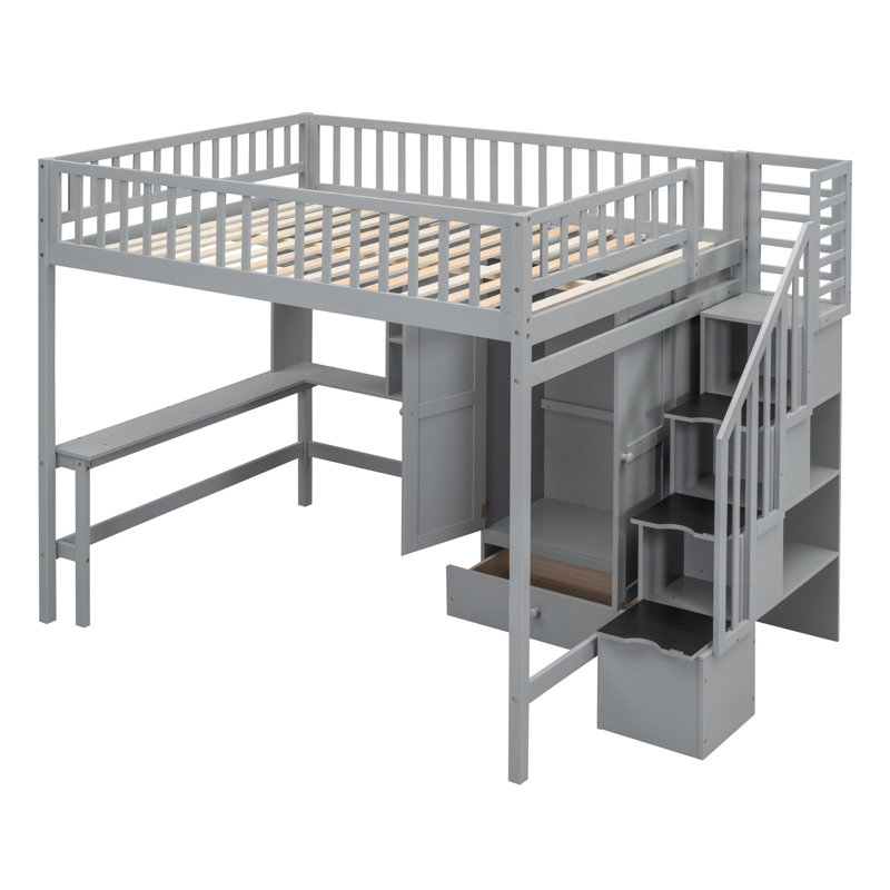 Lit mezzanine double avec bibliothèque, tiroirs, bureau et garde-robe pour une utilisation maximale et polyvalente, Gris