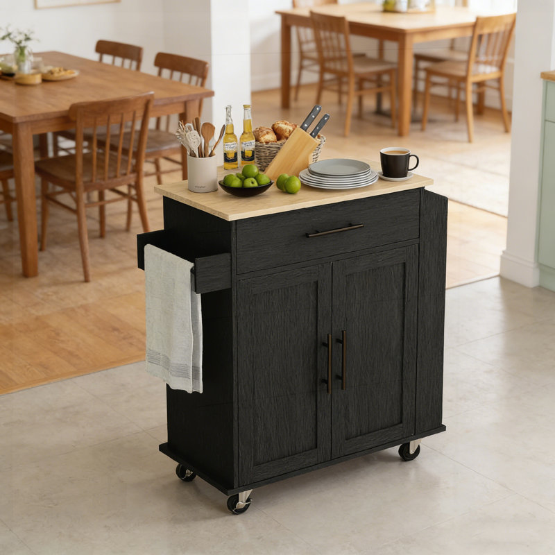 Rolling Kitchen Island with AC Outlets, USB Ports, Storage Cabinet, Spice Rack, and Towel Holder for Modern Kitchens., Black