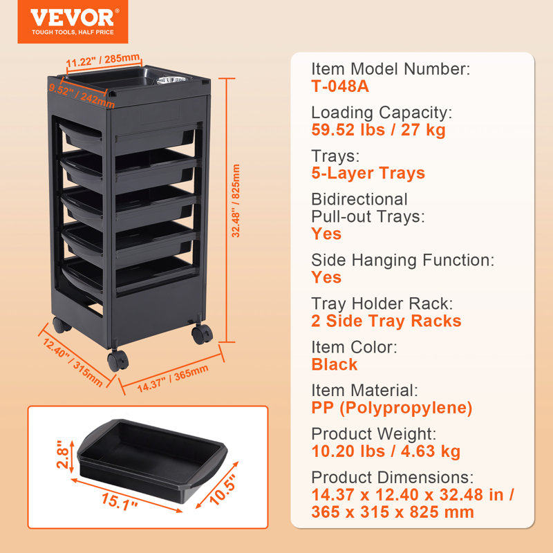 Black Plastic Salon Rolling Cart with 5 Removable Drawers