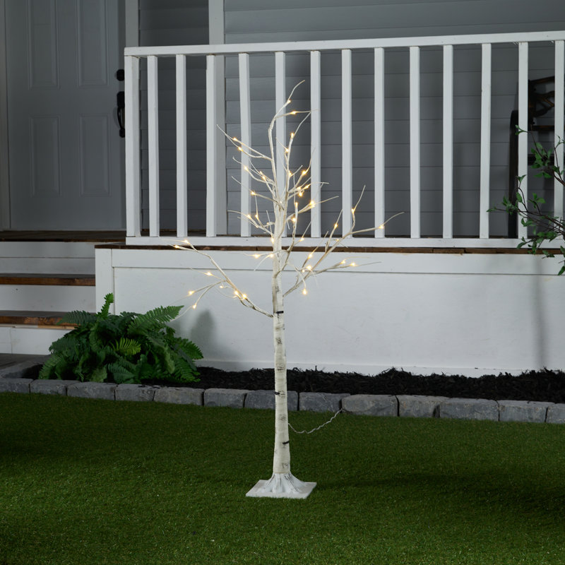 Birch Tree On Metal Base In/Outdoor with LED Lights with 8 Lighting Modes, 47" H x 7"W x 7" D, Beige