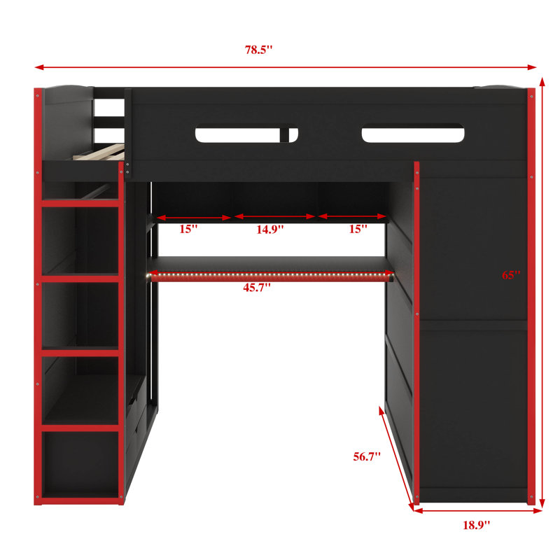 Lit mezzanine double en bois avec bureau intégré, garde-robe, rangement spacieux et système d'éclairage à DEL, Black/Red