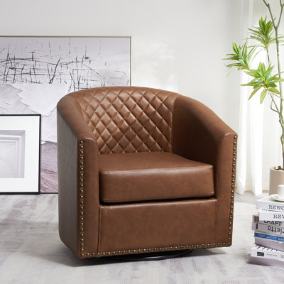 Boney 29" Wide Tufted Faux Leather Barrel Small Swivel Chair
