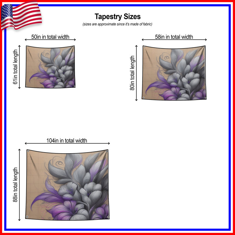 Tapisserie murale violette et grise à motif floral - fleurs, H 104 po x 88 avec 4 œillets
