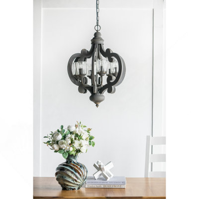 Farmhouse Chandelier, 6-Light Wood Chandelier Pendant Light Fixture With Adjustable Chain For Dining Room Living Room Entryway, Bulb Not Included