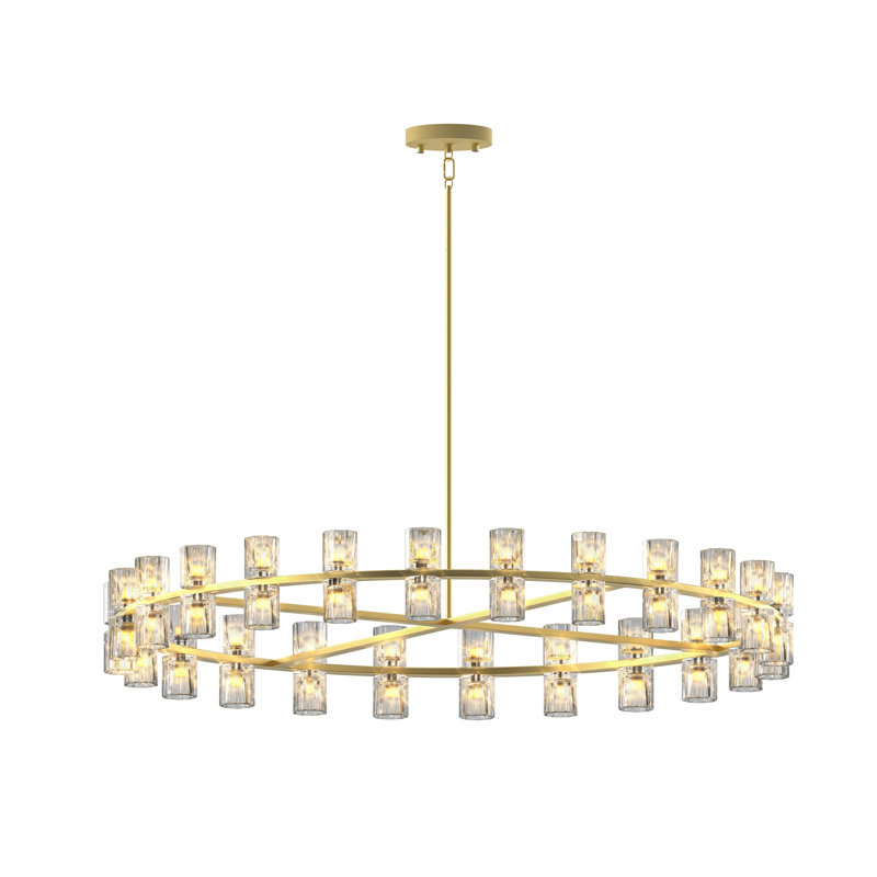 Lustre de roue de chariot en or 48 "avec abat-jour en cristal - Luminaire de ferme moderne pour la salle à manger et le vestibule