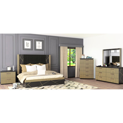 Modern Queen Bed With Mango Wood Base And Black Metal Accents Metalwork Features