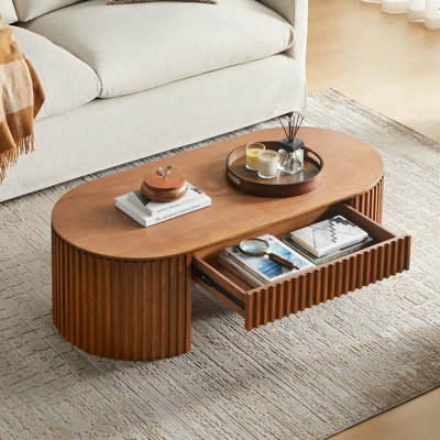 Table basse Mid-Century moderne ovale en bois avec tiroir pour un salon élégant et fonctionnel