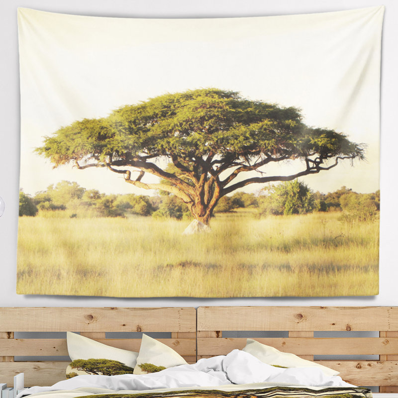 D’acacia arbre sur tapisserie plain-africaine, H 50 po x l 60 po