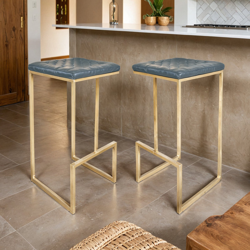 Mengia Leather Bar Stool Upholstered Counter Stool with Quilted Seat and Gold Steel Sled Base Kitchen Stool, Peacock Blue