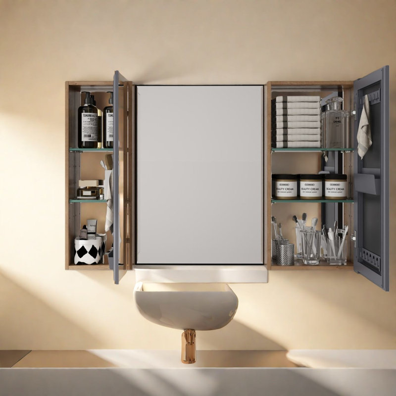 Armoires à pharmacie peu encombrantes, rangement de salle de bain moderne en verre et bois de 43 po