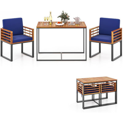 3 Piece Outdoor Dining Set, 2 Acacia Wood Armchairs Wit...