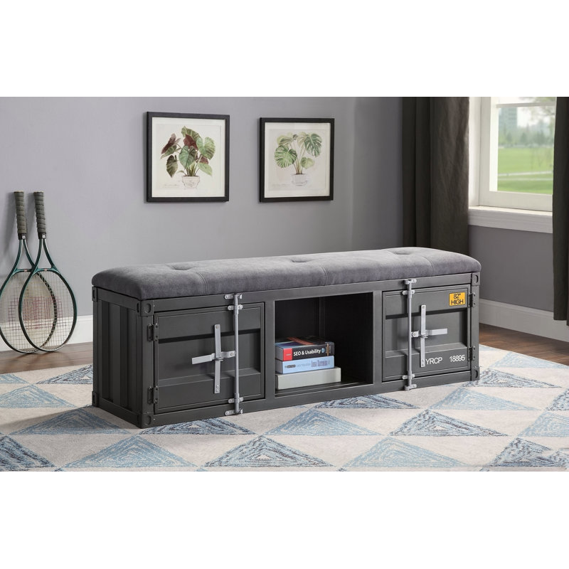 Banc en tissu gris cargaison et finition bronze industriel avec rangement