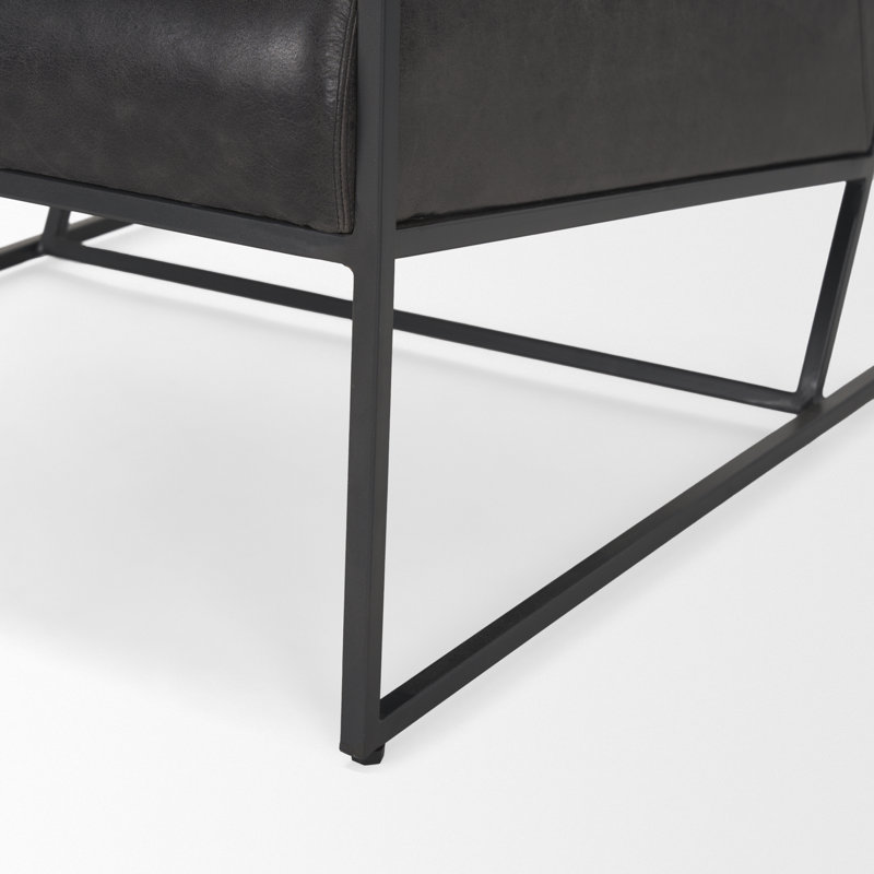 Rayniya Upholstered Aged Genuine Leather Armchair, Black/Black
