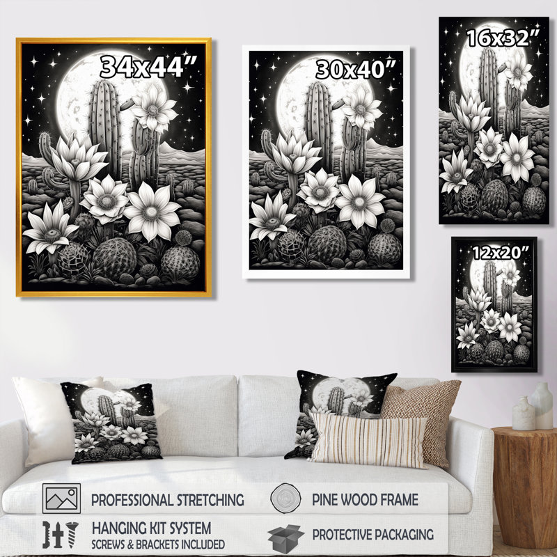 Décoration florale de cactus en fleurs pleine lune monochrome - cactus floral, H 20 po x l 12 po x P 1 po