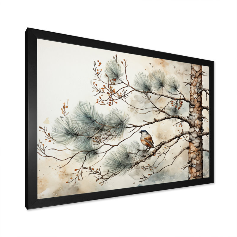 Décoration murale oiseau sur pin II, Cadre simple noir, H 24 po x l 32 po x P 1 po
