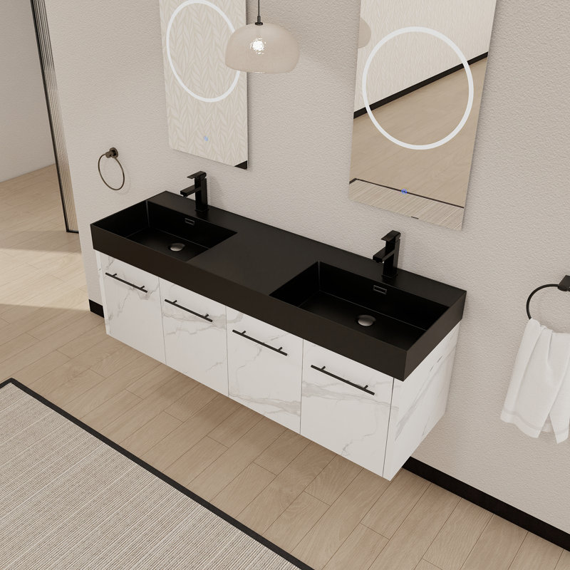 Meuble-lavabo mural 60 po avec lavabo double en résine épaisse, Noir