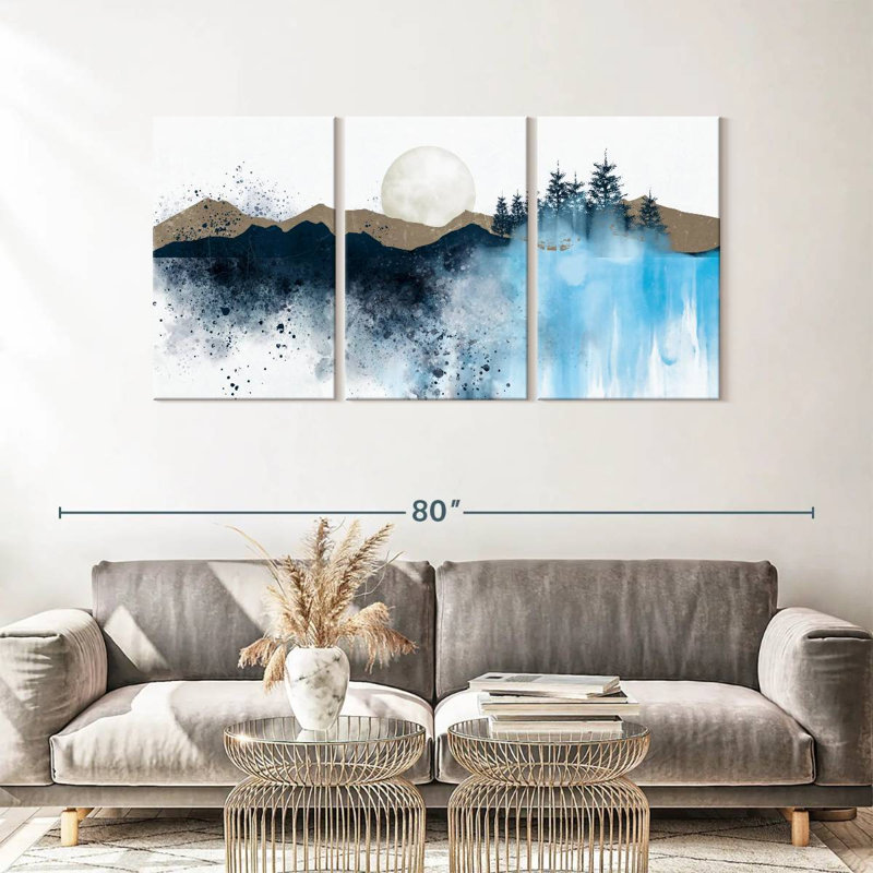 «Abstract Landscape Pine Trees Mountain», ensemble de 3 pièces sur toile par Cindy C, H 30 po x l 62 po x P 1,25 po