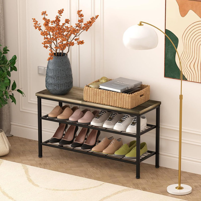 3-Tier Metal Shoe Rack With Wood Top - Durable & Space-Saving Shoe Organizer,Industrial Shoe Organizer Shelf Bench Storagefor Closet Entryway, Bedroom & Hallway