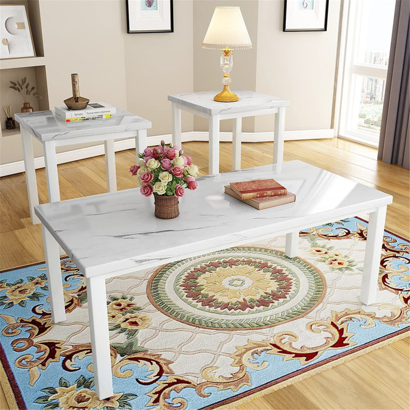 3 - Piece Living Room Table Set, White, White