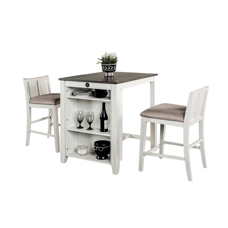 Ensemble de table à hauteur de comptoir 3 pièces Lessi avec tablette latérale Lessi, bois USB, Gris, Blanc, Gris / blanc