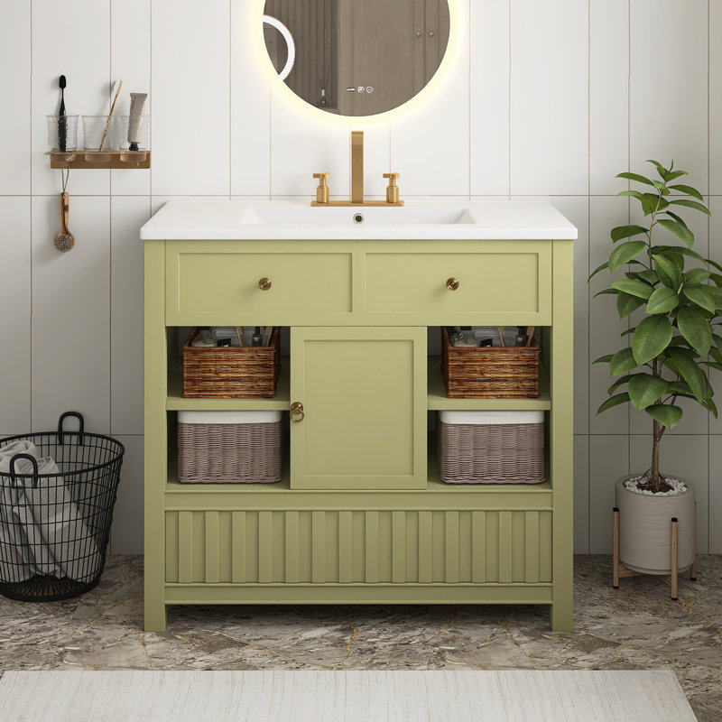 Meuble-lavabo vert 36 po avec lavabo en céramique, armoire de salle de bain multifonctionnelle avec porte et tablettes de rangement et tiroirs