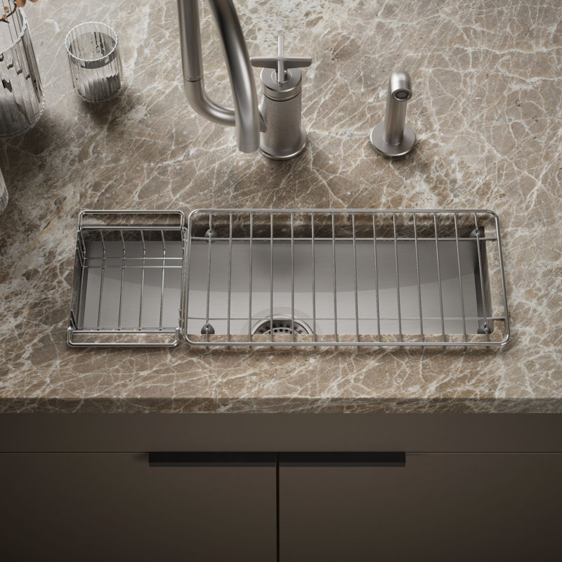 Undertone 22" L x 8-1/4" W x 5-1/4" Under-Mount Single-Bowl Trough Kitchen Sink, Includes Wire Basket and Rack