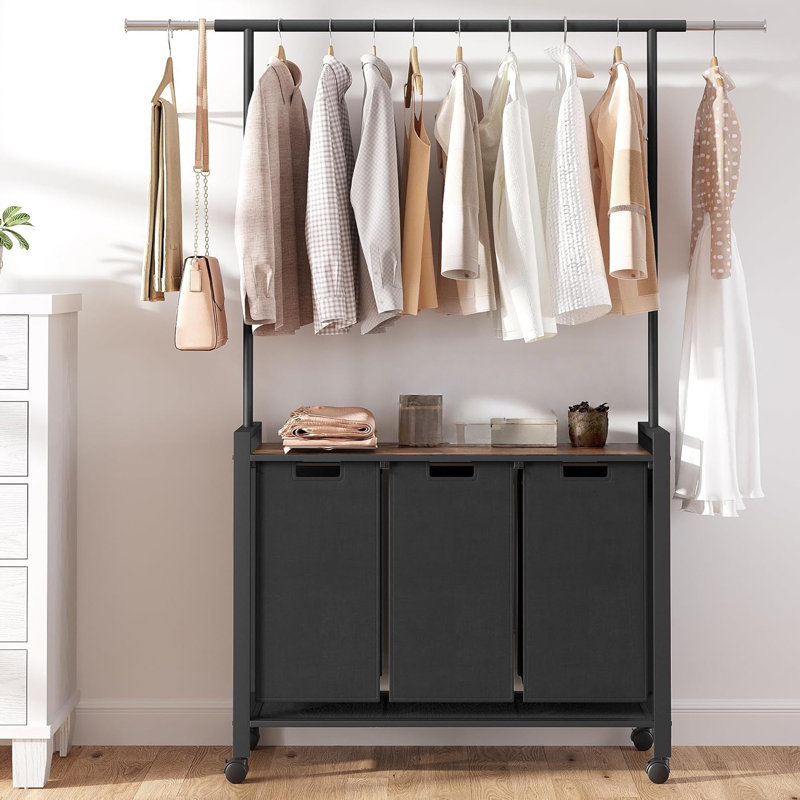 Laundry Sorter Cart Rolling with Lockable Wheels, Hanging Rack & Utility Shelf, Laundry Hamper Organizer for Laundry Room Bedroom Bathroom