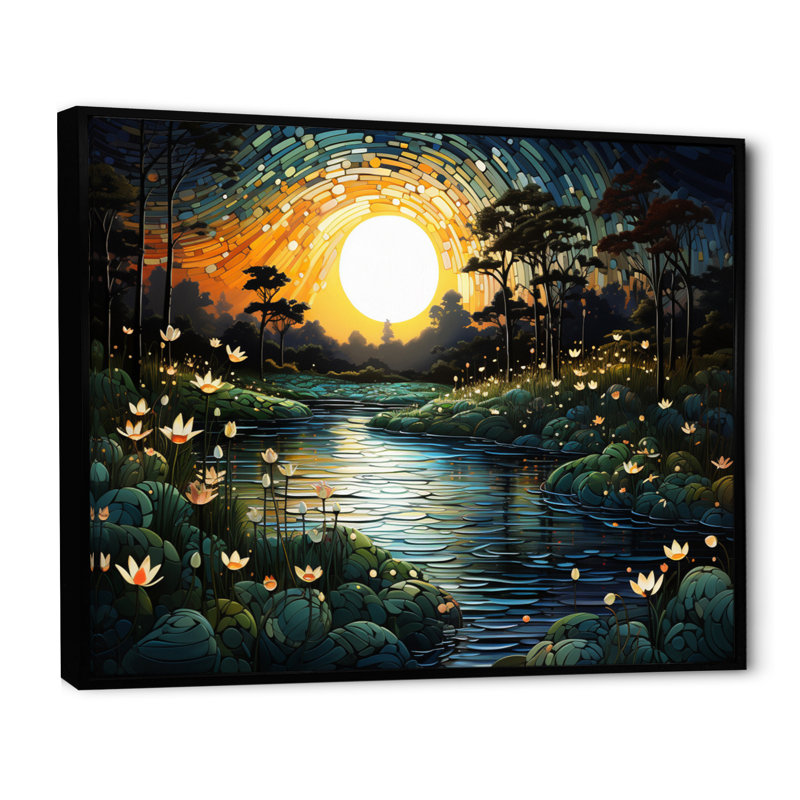 River Pointillism Charm At Night III, reproduction d'art sur toile, H 30 po x l 40 po x P 1,5 po, Cadre flottant noir