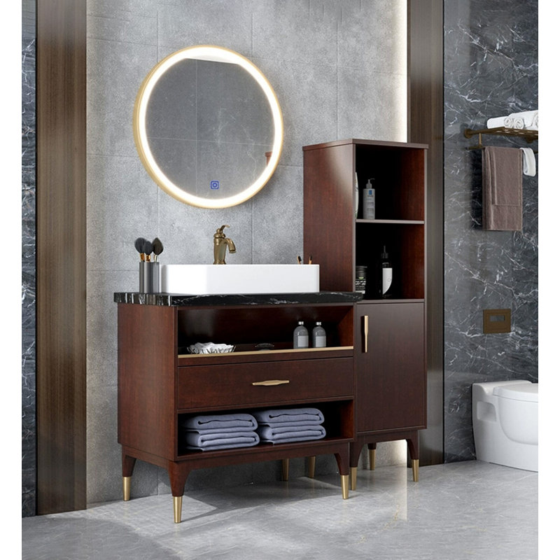 Nouveau meuble-lavabo en bois d'hévéa de style chinois avec rangement pour salle de bain, 63 "H x15.7"W x 13.8"D