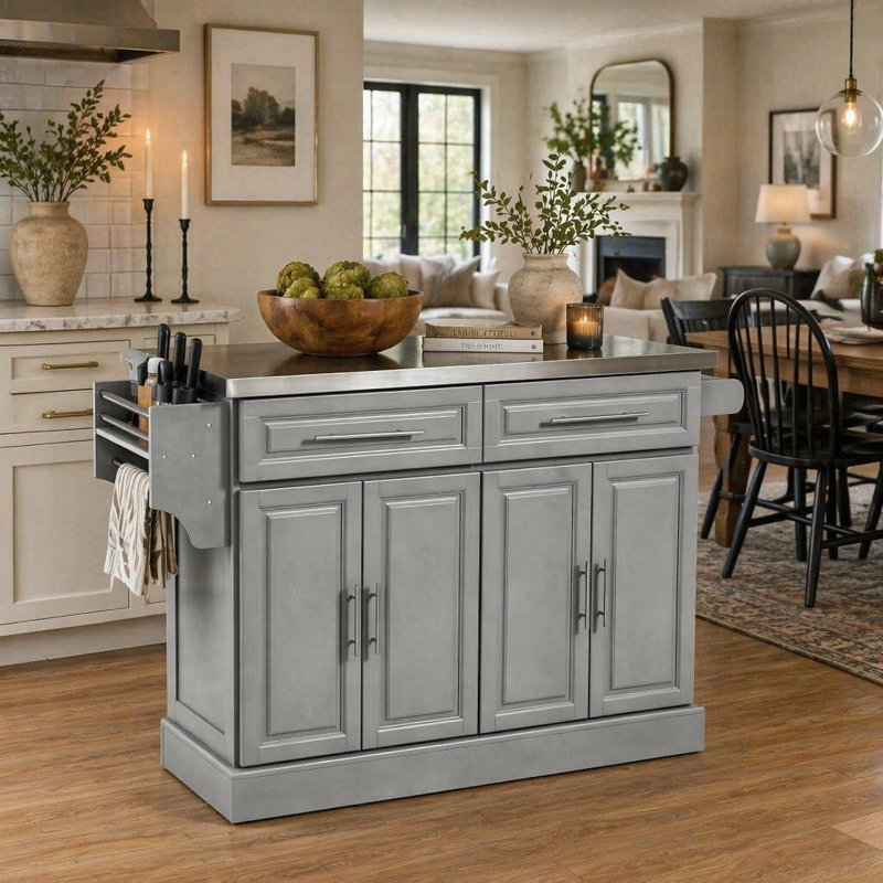 Îlot de cuisine avec 2 tiroirs et porte-serviettes, Gris