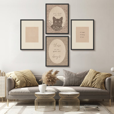 4-Piece Vintage-Inspired Quote and Illustration Wall Art Set – Whimsical Cat and Typography Framed Prints in Soft Neutral Tones