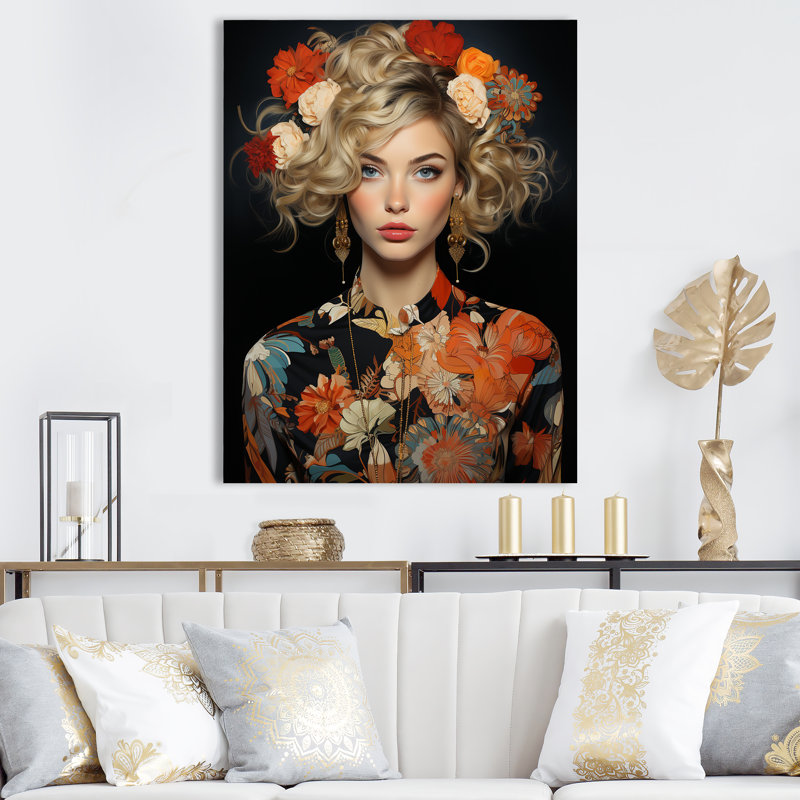 Art floral rétro, portrait de femme I - Pop Art, Toile tendue, 32" H x 16" W