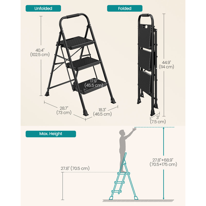 3-Step Folding Ladder, Steel Step Stool with Anti-Slip Feet, 114 x 45.5 x 7.5 cm, black