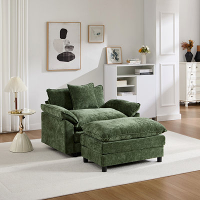 Fauteuil d'appoint rembourré en chenille 44,5 po avec repose-pieds 44,5 po, fauteuil de lecture pour chambre à coucher, chenille verte