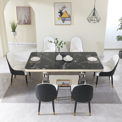 Luxury Modern Dining Table 78.7Inch Dining Table Dining Table Top With Titanium-Plated Dual Circle Base
