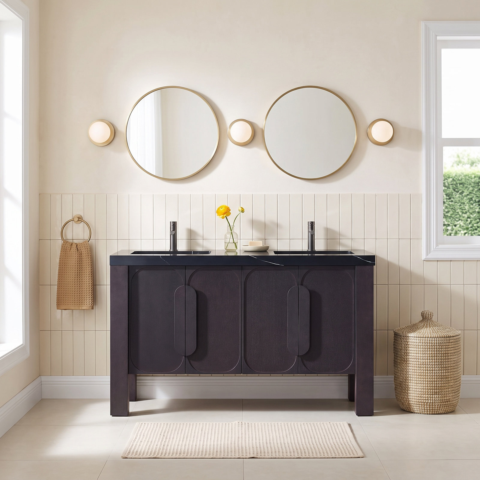 60" Oak Double Bathroom Vanity, Black, Espresso Oak