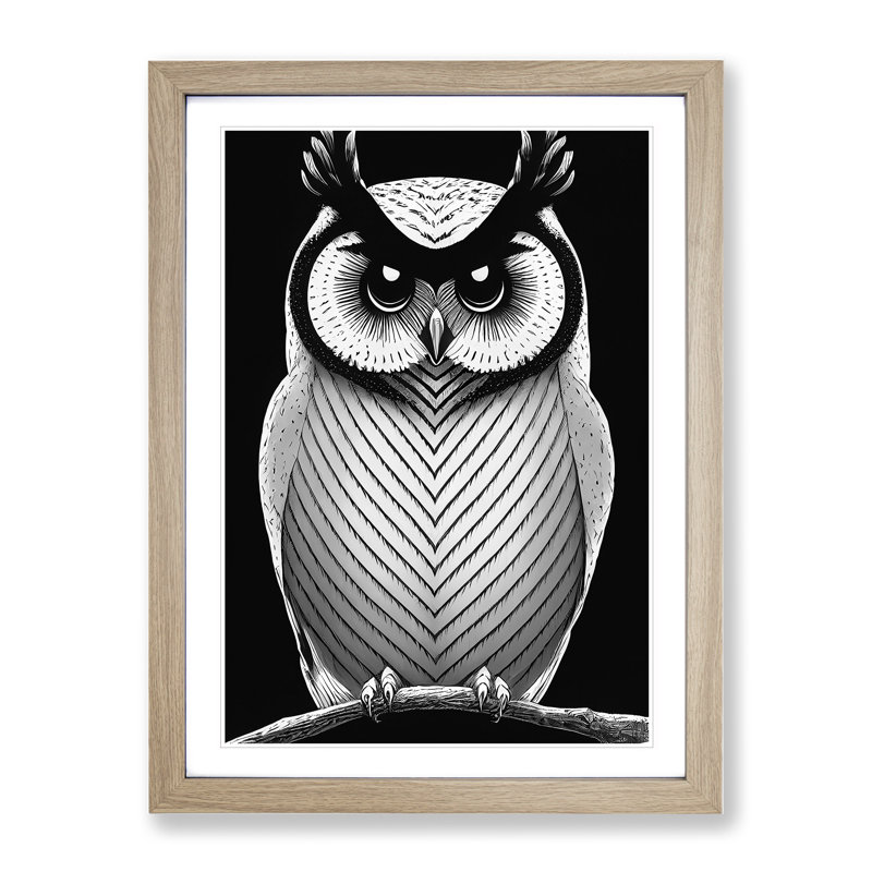 Owl in Monochrome - Framed Print, 34cm H x 25cm W x 2cm D, Oak