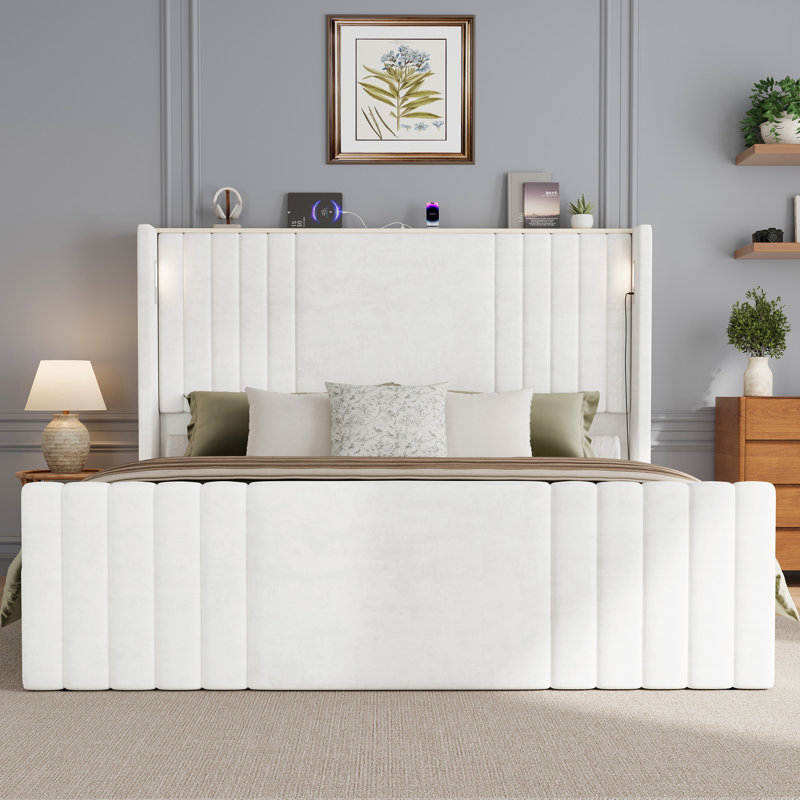 Velvet Upholstered Wingback Platform Bed, White, Queen