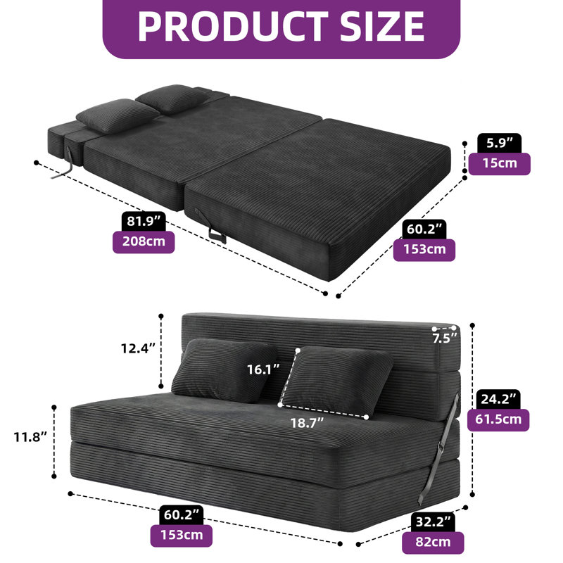 Convertible Folding Sofa Bed, Memory Foam, 3, 24.20" H x 60.20" W x 32" D, Black