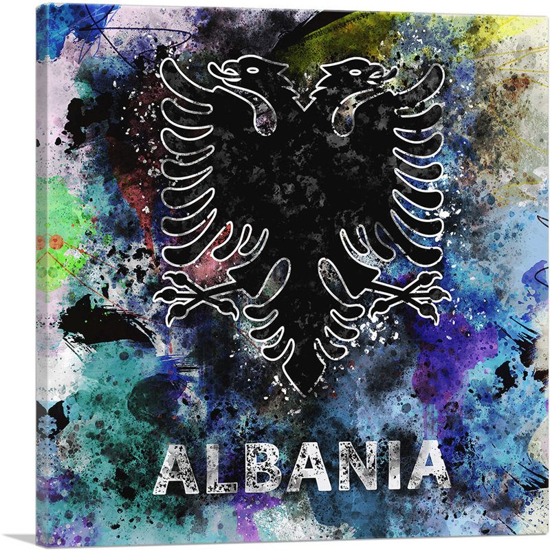 Drapeau de l'Albanie noir bleu éclaboussé - impression sur toile tendue, H 18 po x l 18 po x P 0,75 po