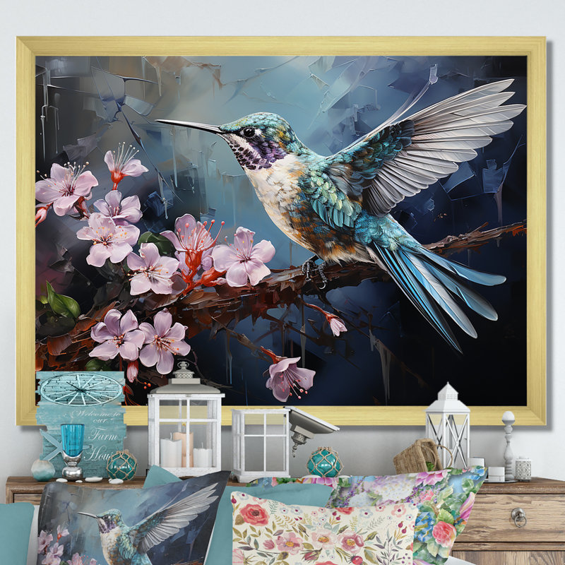 Colibri émeraude rose flottant - art mural grand colibri, Cadre doré à coins fermés, H 24 po x l 32 po x P 1 po