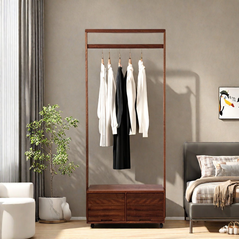 Solid Wood Coat Rack Thick Rod Double Drawers