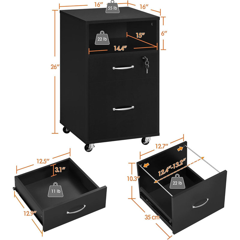 Vertical File Cabinet With 2 Drawers And Open Shelf, Lockable Wheels, Printer Stand For A4 Letter Size Files, Ideal For Home Office Use